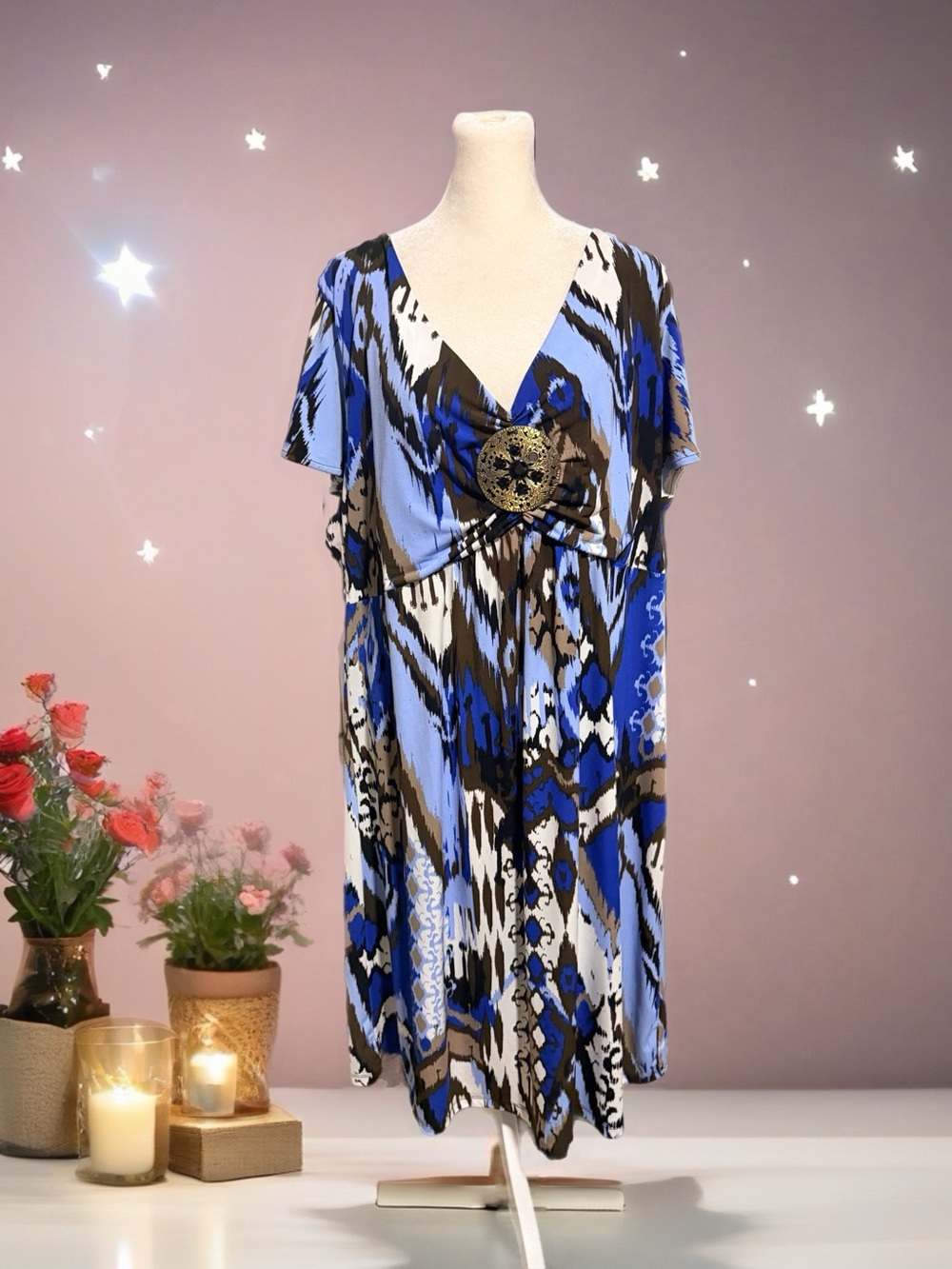 Style & Co Blue Abstract Print V-Neck Women's Dress